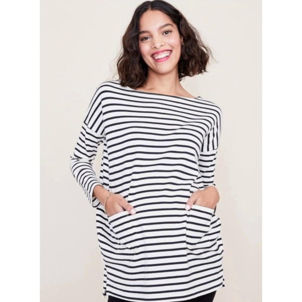 HATCH Maternity Bateau Striped Cotton Long Sleeve Top White Black Size 1/Small